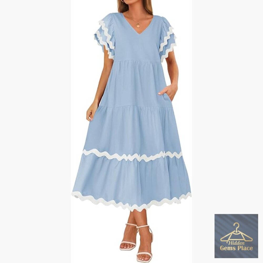Summer Casual Midi Dress V Neck Flutter Sleeve Ruffle Tiered A-Line